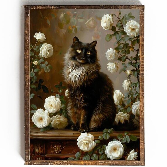 Dark Longhaired Cat Sitting Among White Roses Vintage Oil Poster