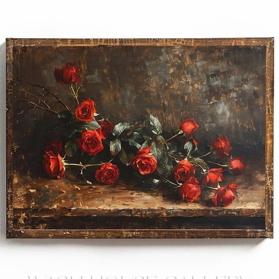 Dark Valentines Day Wall Art Moody Valentines Decor Vintage Valentines Day Valentines Day Painting Dark Academia Floral Wall Art