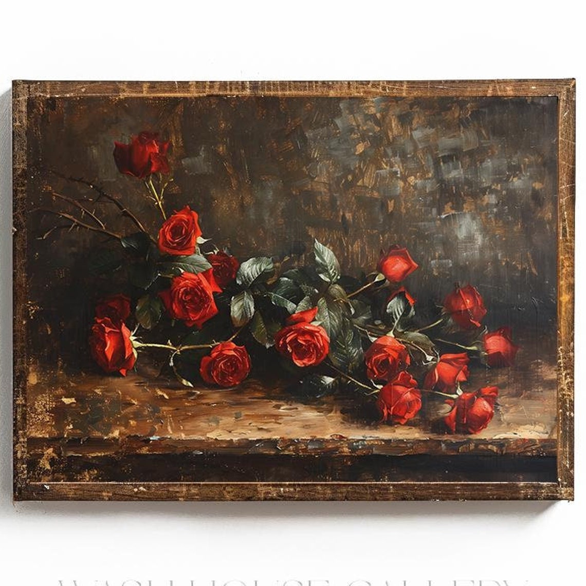 Red Roses Laid On Dark Wood Table Moody Floral Still Life Poster