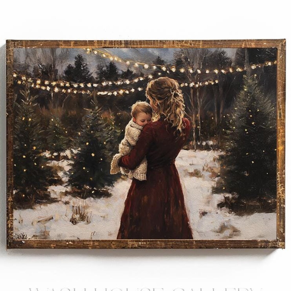 Mother Holding a Child at a Snowy Christmas Tree Farm Dusk Poster