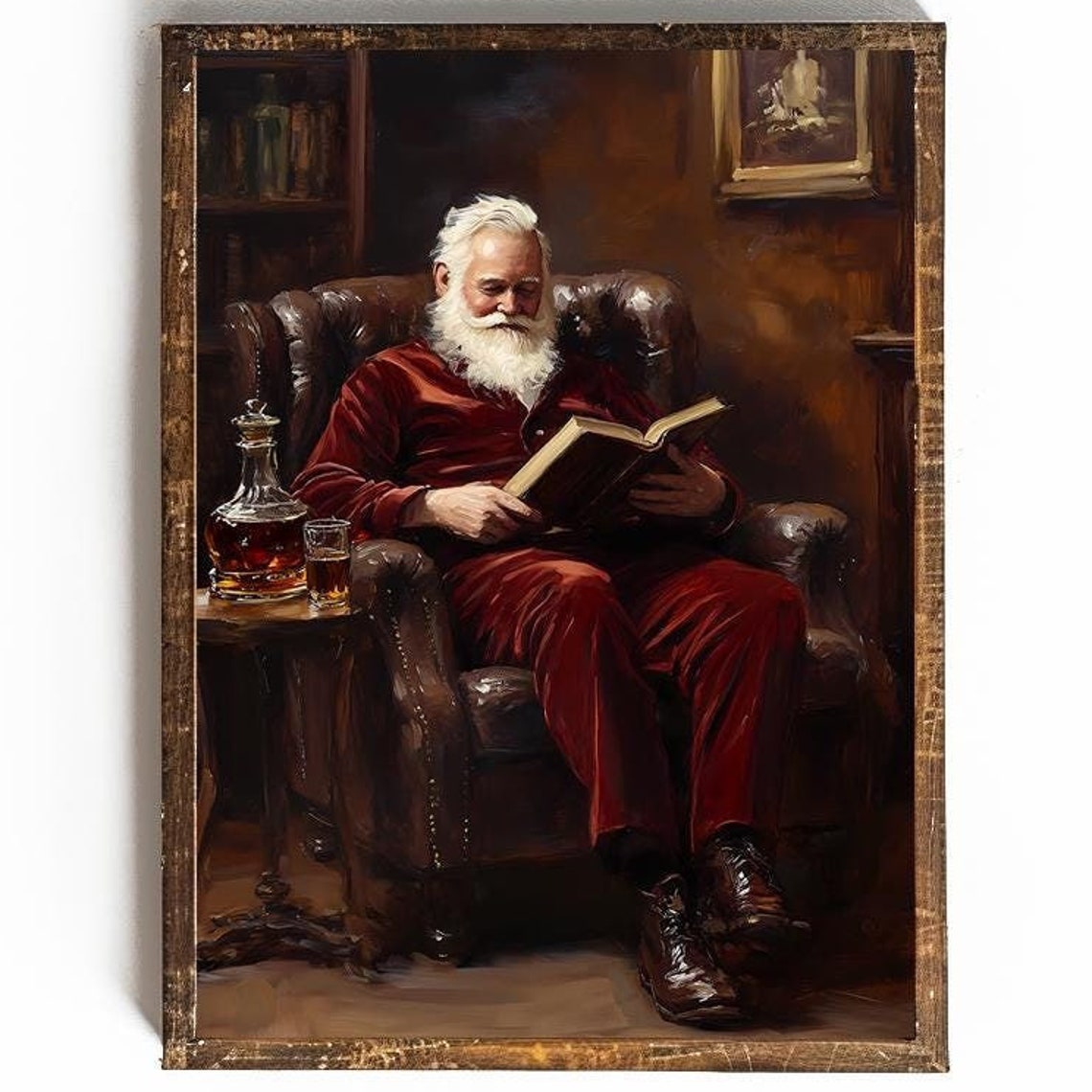 Santa Claus Reading a Book by Fireplace in Red Suit Christmas Poster - Image 3