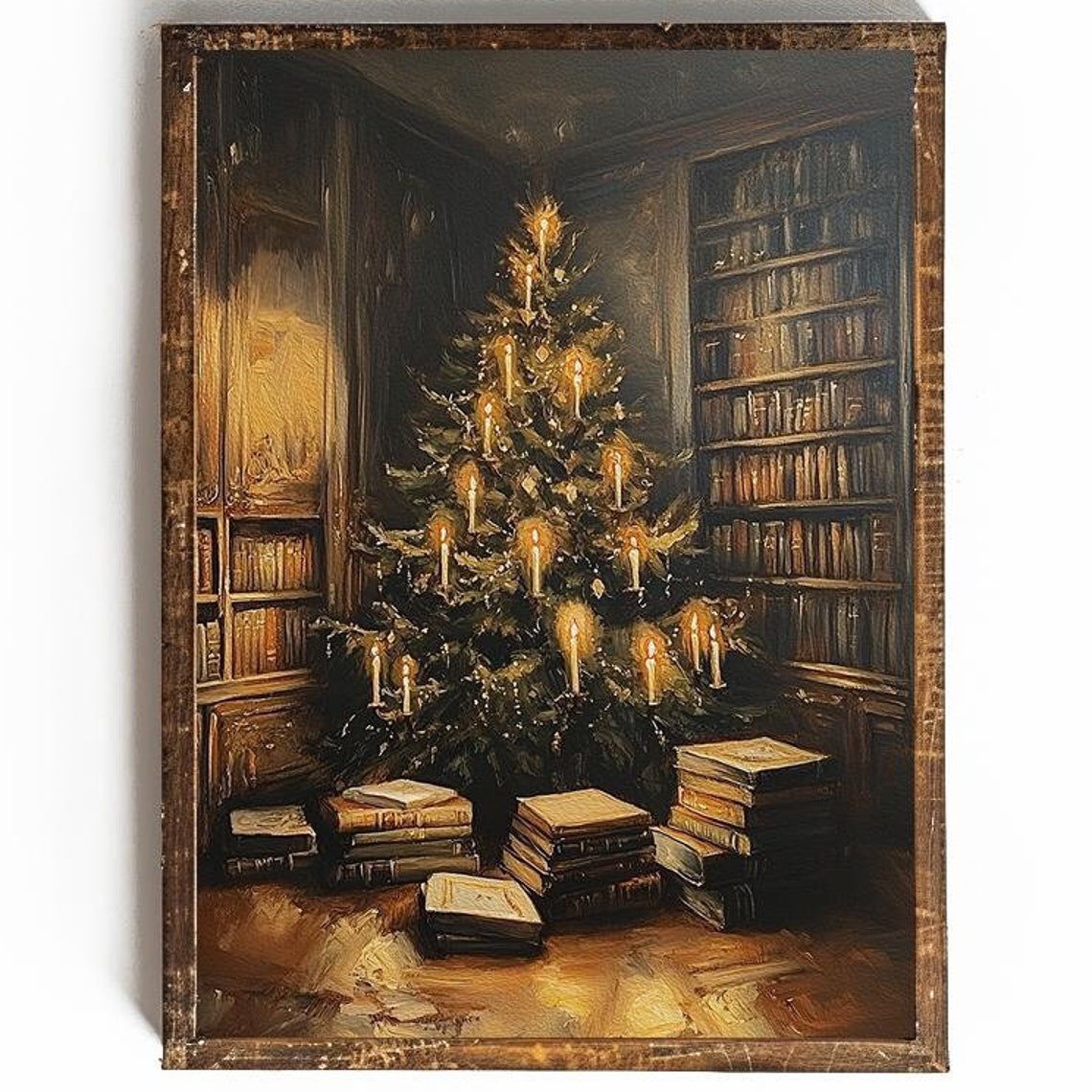 Candlelit Christmas Tree in Cozy Library with Stacks of Books Poster