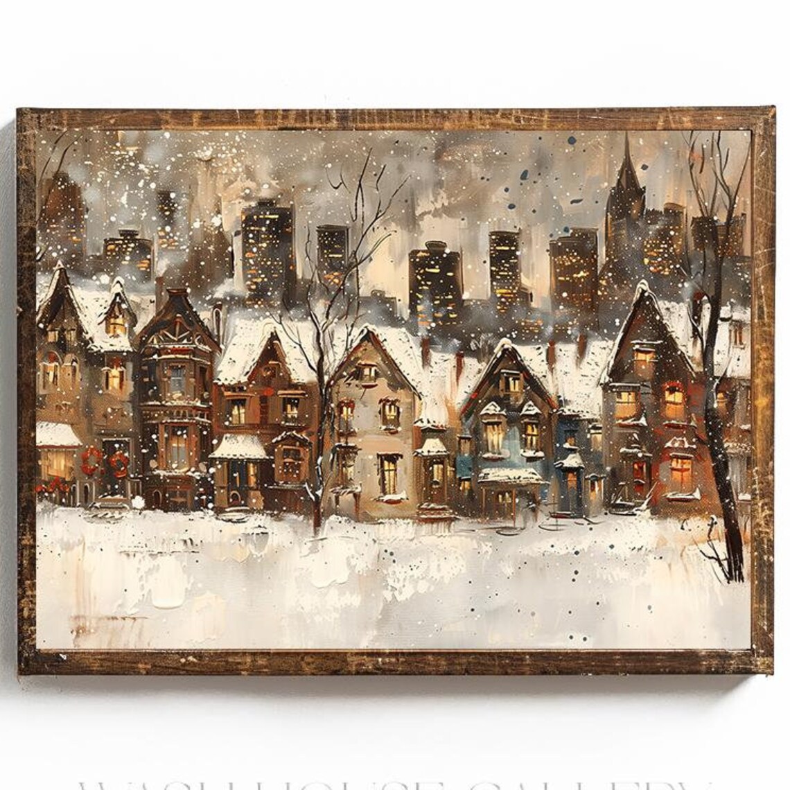 Snowy City Brownstones with Glowing Skyline Winter Night Poster