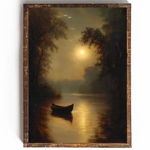Canoe On Moonlit River At Night Vintage Dark Waterscape Poster