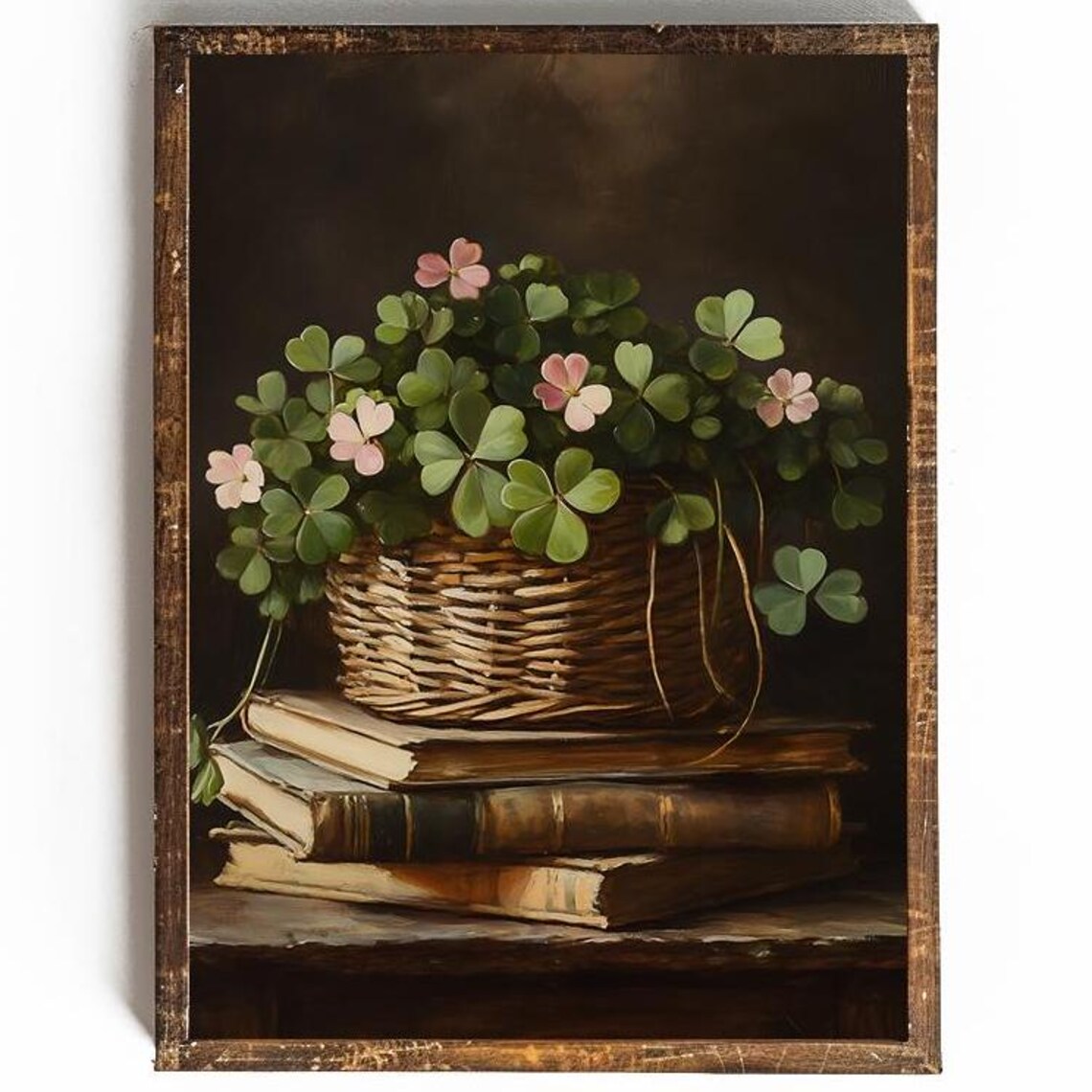 Blooming Clover in a Wicker Basket on Stacked Antique Books Poster