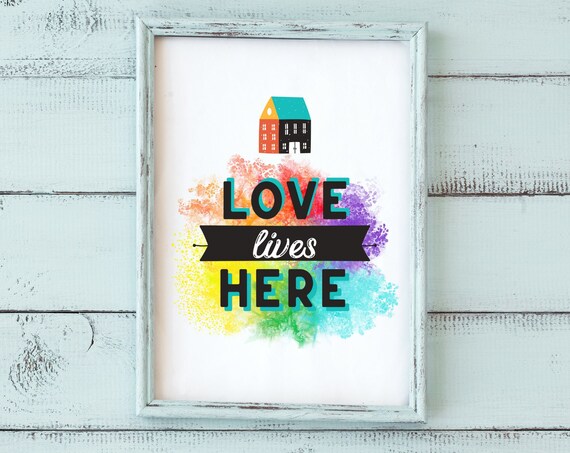 Colorful Love Lives Here Entryway Home Decor Rainbow Typography Poster