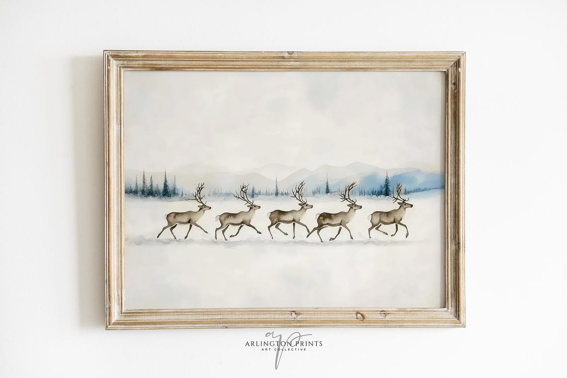 Five Reindeer Running Snowy Winter Mountains Watercolor Scene Poster