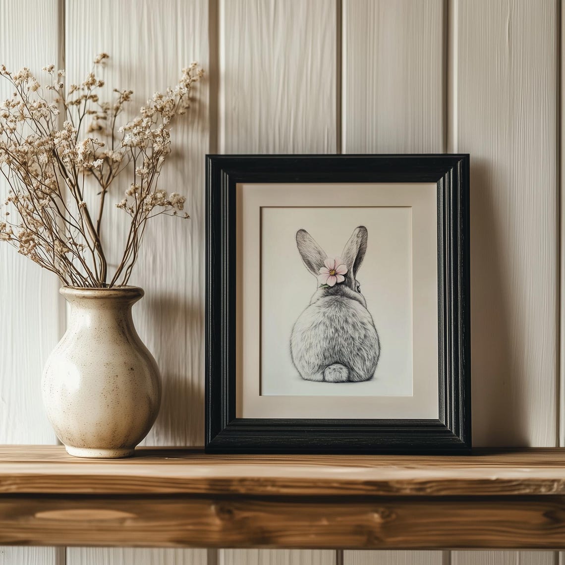 Bunny From Behind Pink Flower Easter Spring Neutral Nursery Poster - Image 2