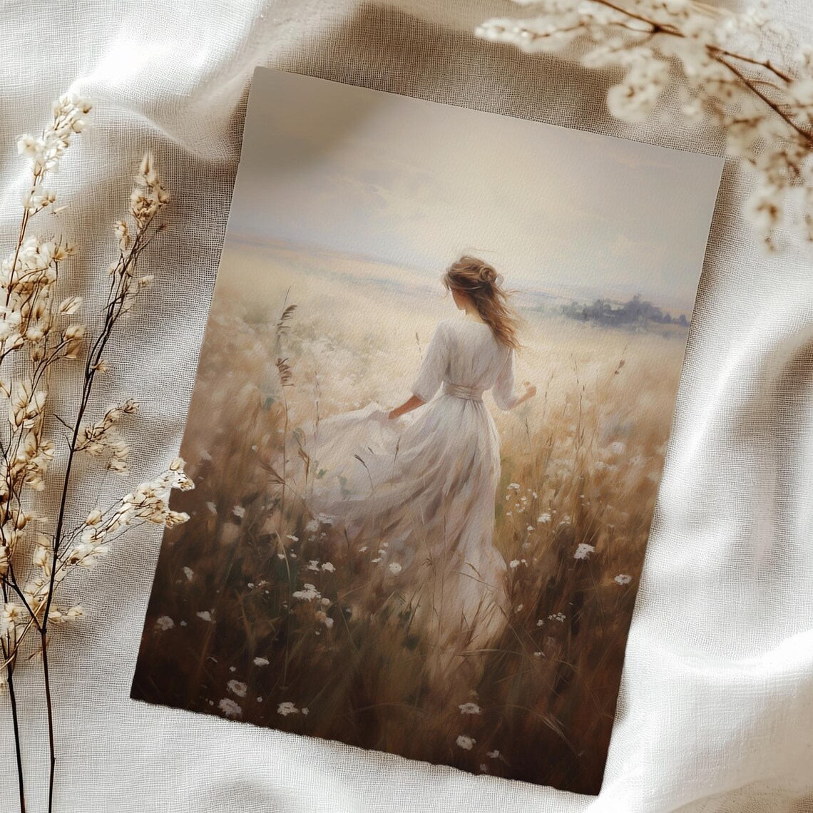 Woman in White Dress Golden Wheat Field Romantic Vintage Print - Image 4