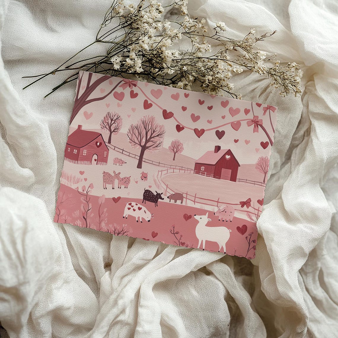 Pink Valentine Farm Cows Barn Hearts Whimsical Nursery Poster - Image 4