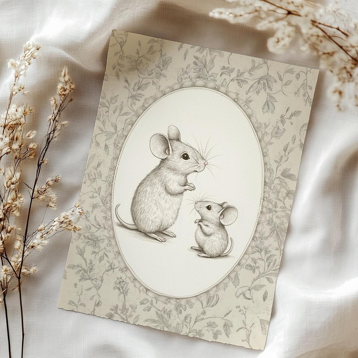 Vintage Pencil Sketch Of Two Mice On Floral Toile Nursery Poster - Image 3