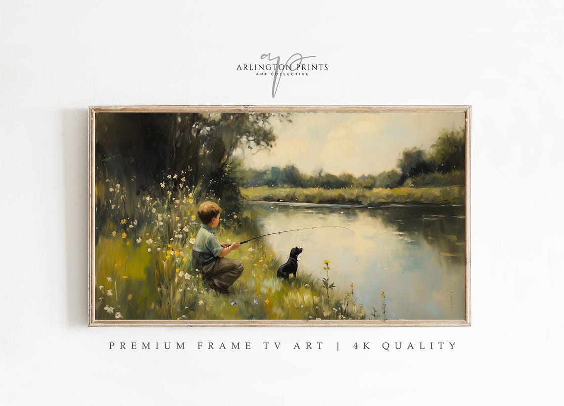 Spring Summer Fishing Scene By The Lake, Vintage
