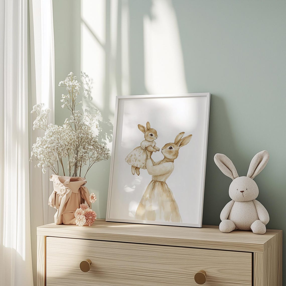Sweet Mom and Baby Rabbit Whimsical Vintage Nursery Room Poster - Image 2