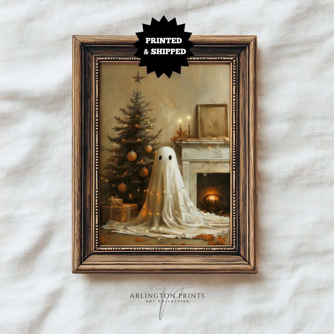 Cute Ghost Christmas Tree Fireplace Spooky Holiday Painting Poster