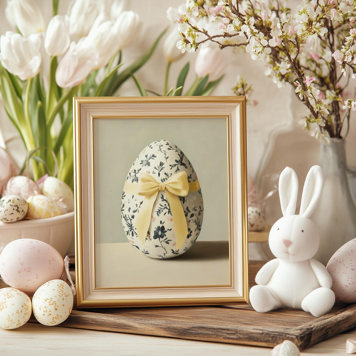 Floral Easter Egg Yellow Bow Botanical Spring Decor Art Print - Image 5