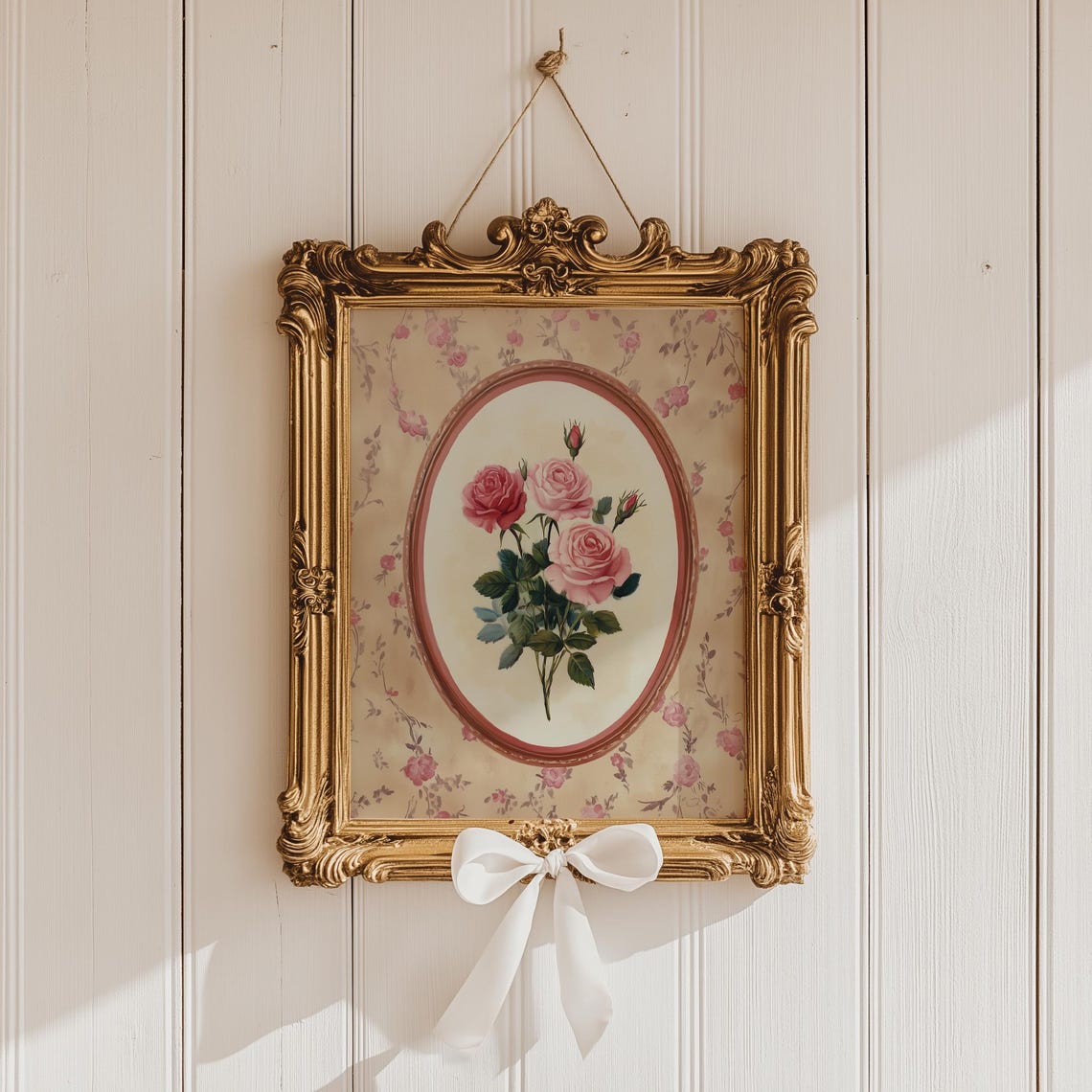 Blush Pink Roses Cameo Oval Frame Antique Floral Wallpaper Print - Image 4