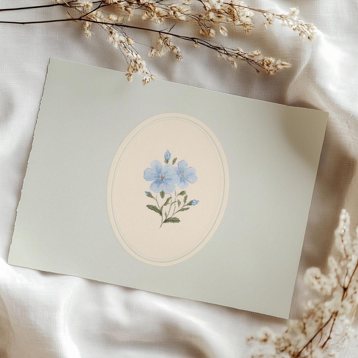Blue Wildflowers Oval Medallion Sage Green Vintage Botanical Poster - Image 4