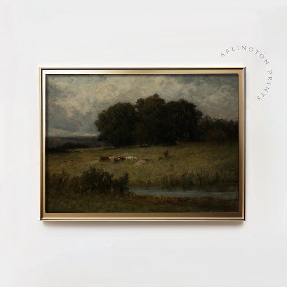 Moody Grazing Cows Meadow Landscape Oil Painting Dark Cottagecore Print Countryside Farmhouse Decor 4009