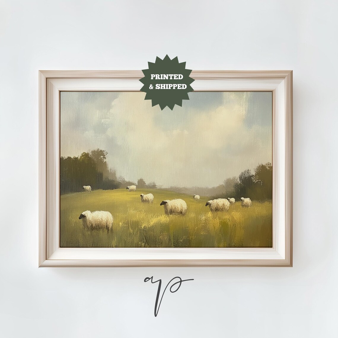 Sheep Grazing Golden Meadow Pastoral Landscape Oil Art Print