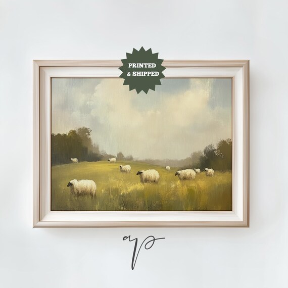 Sheep Grazing Golden Meadow Pastoral Landscape Oil Art Print