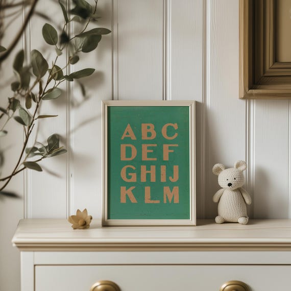 Vintage Abc Poster Nursery Art Print Set Green Nursery Letter Artwork Kids Room Decor Early Learning Wall Art Gender Neutral