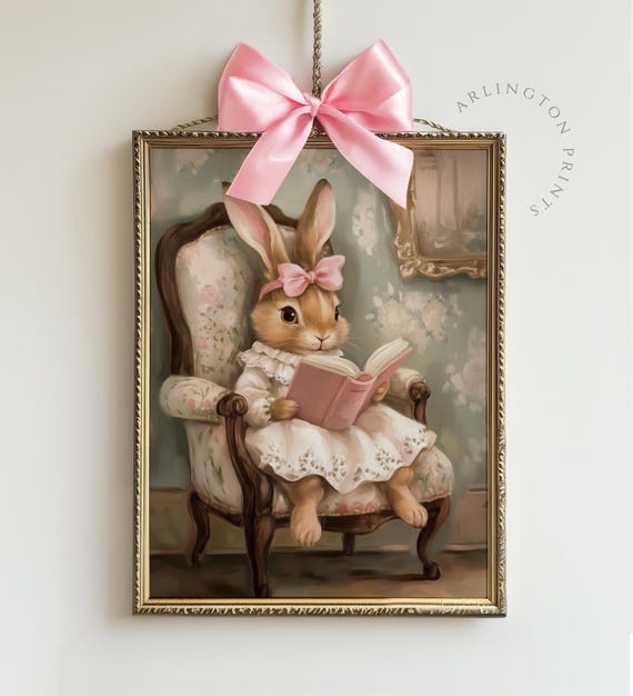 Cute Easter Nursery Art Bunny Reading A Book Art Print Pink Bow Coquette Aesthetic Print Nursery Kids Room Decor Pink Nursery Girly Art