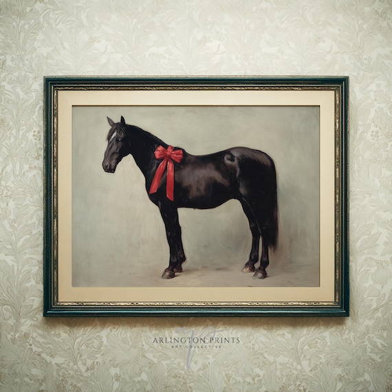 Black Horse Red Christmas Bow Elegant Equestrian Holiday Poster