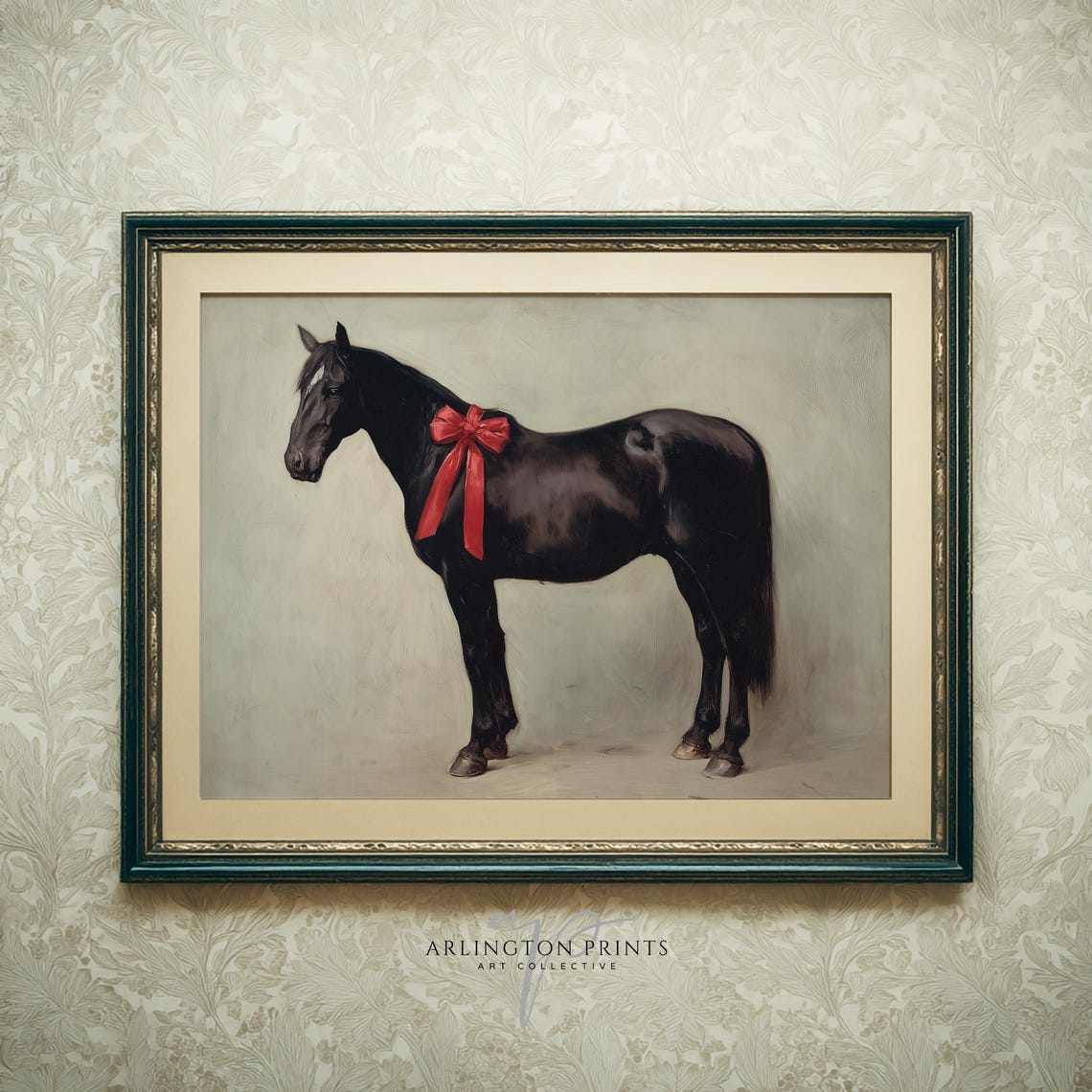 Black Horse Red Christmas Bow Elegant Equestrian Holiday Poster