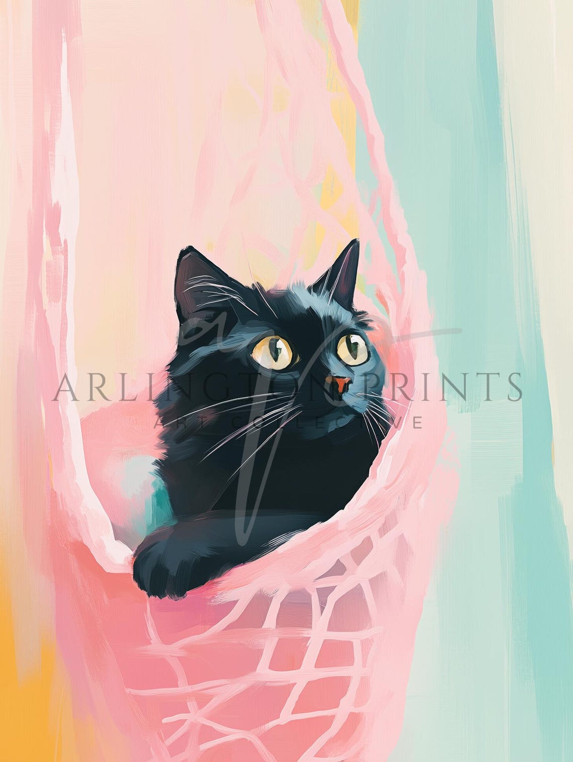Black Kitten In Pink Hammock Colorful Whimsical Cat Art Poster - Image 3