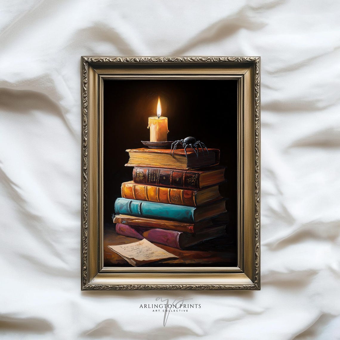 Vintage Book Stack Candle And Spider Dark Academia Gothic Art Poster