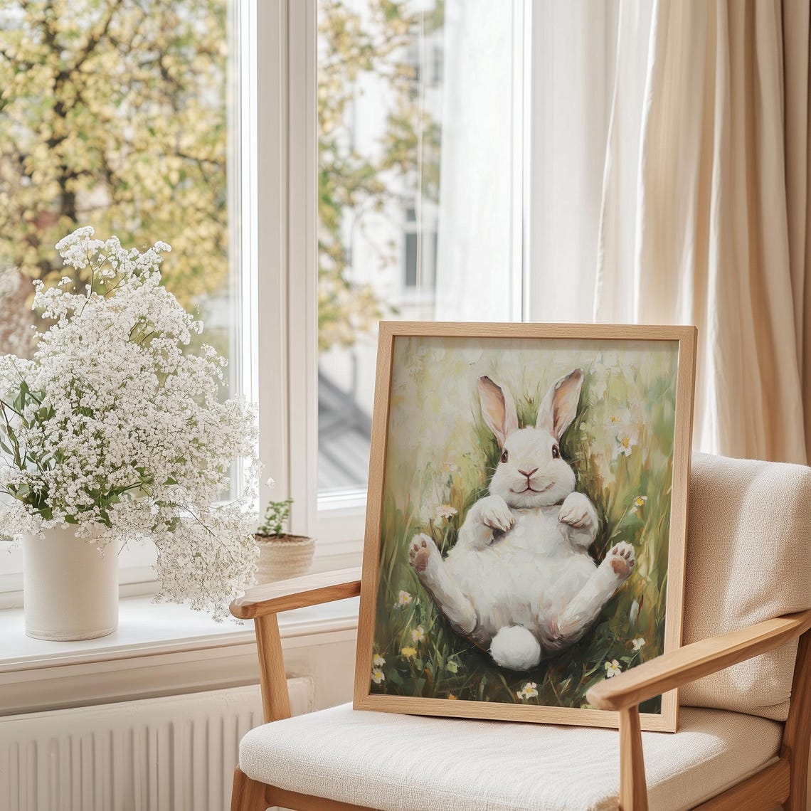 Chubby White Bunny Lying Meadow Flowers Playful Nursery Poster - Image 3