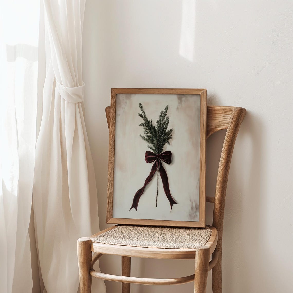 Evergreen Pine Branch Burgundy Velvet Bow Rustic Christmas Wall Print - Image 2