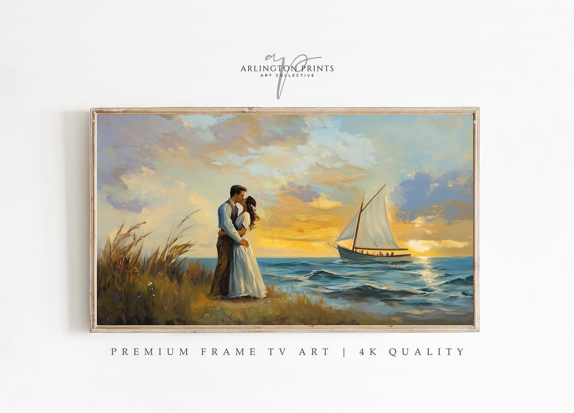 Romantic Sunset Beach Kiss with Sailboat Frame TV Digital Art Poster