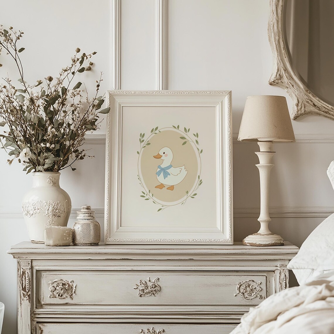 Sweet Baby Duck With Blue Bow Leafy Oval Vintage Nursery Poster - Image 3