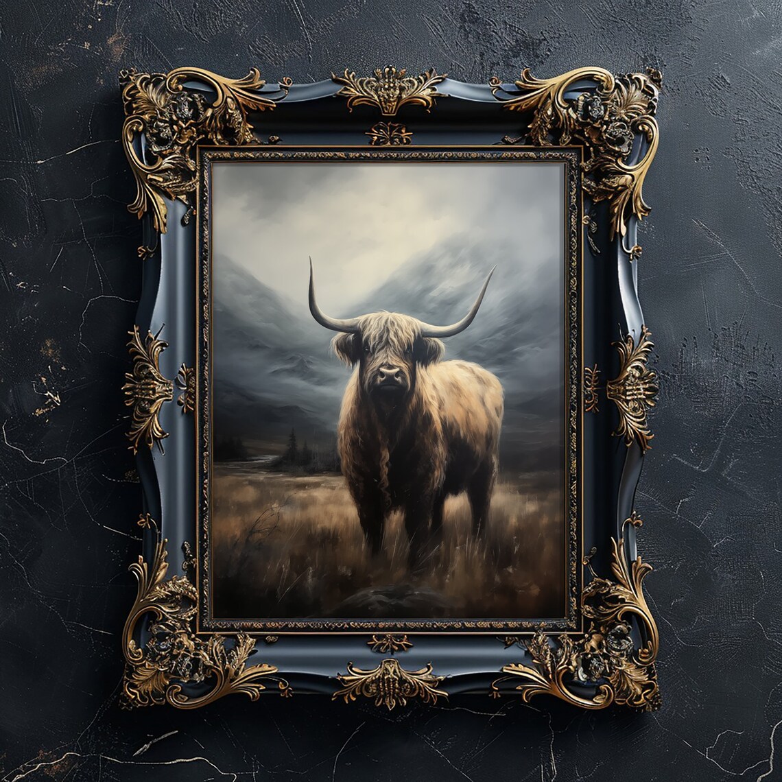Antique Highland Cow, Moody Academia Art Print