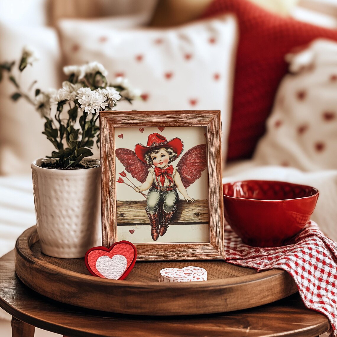 Vintage Cowboy Cupid Girl in Red Hat and Wings Valentine Poster - Image 2