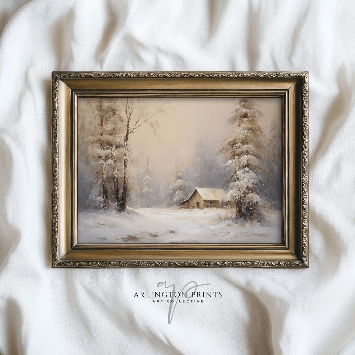 Cozy Snowy Cabin Vintage Winter Forest Scene Painting Poster