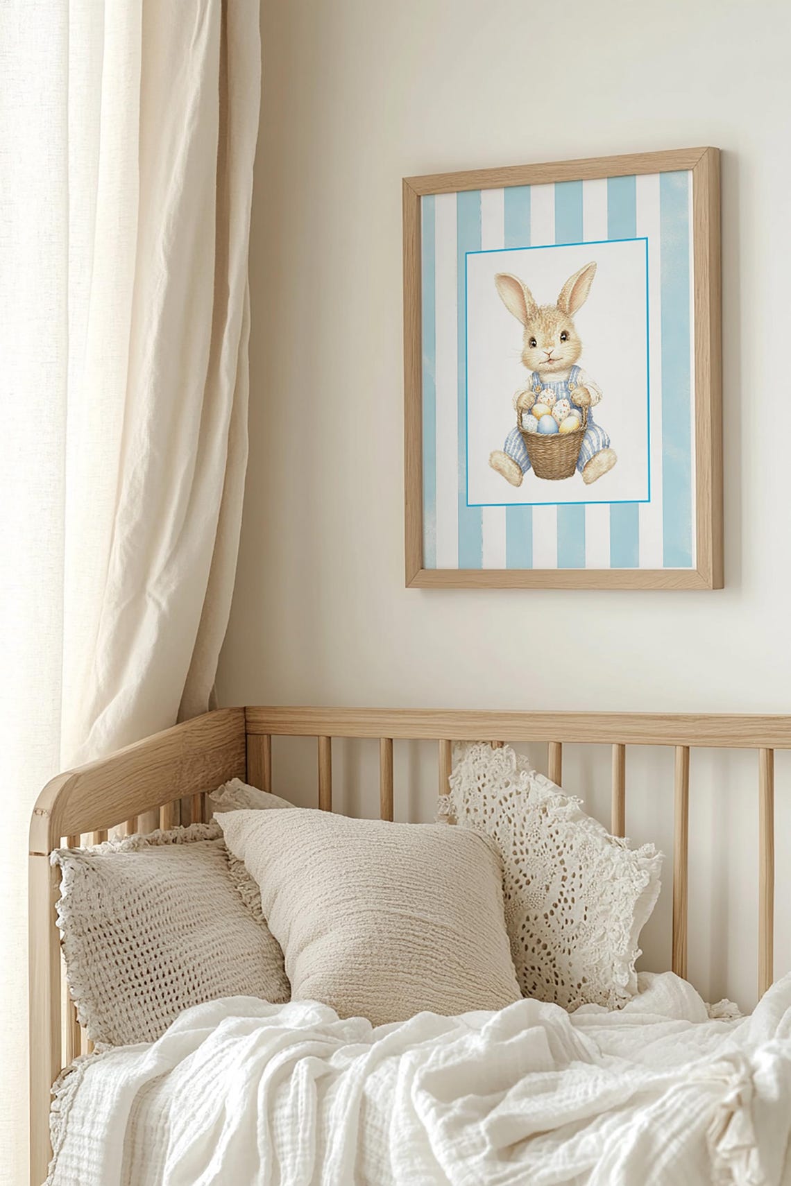 Easter Bunny With Egg Basket Blue Striped Spring Nursery Poster - Image 2