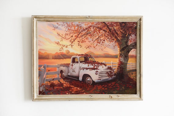 Moody Fall Wall Art Vintage Autumn Landscape Country Farm Truck Bedroom Rustic