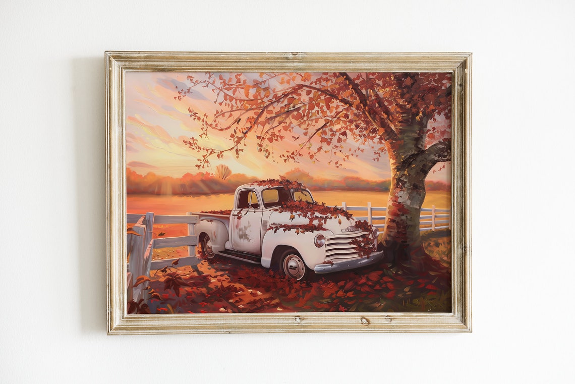 Vintage Autumn Pickup Truck Red Leaves Sunset Farm Landscape Poster