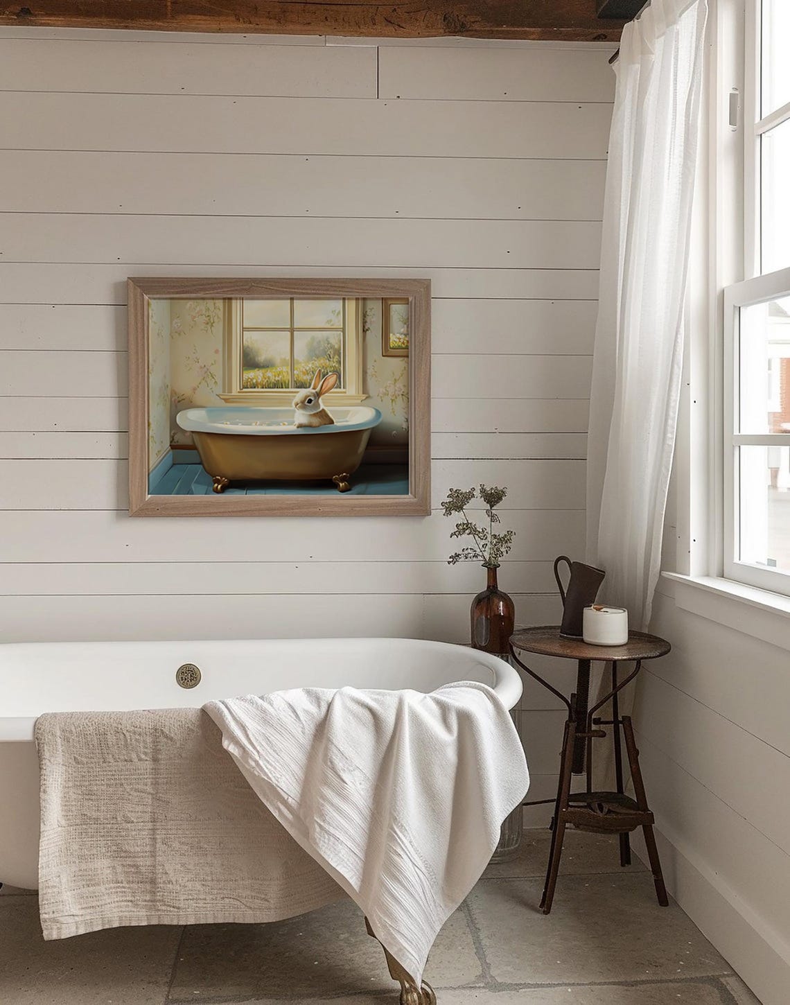 Adorable Bunny Bath Time in a Golden Vintage Clawfoot Tub Poster - Image 3