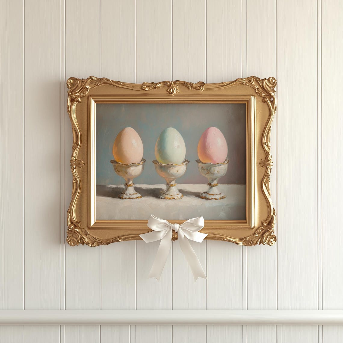 Three Soft Pastel Easter Eggs Vintage Egg Cups Spring Art Print - Image 3