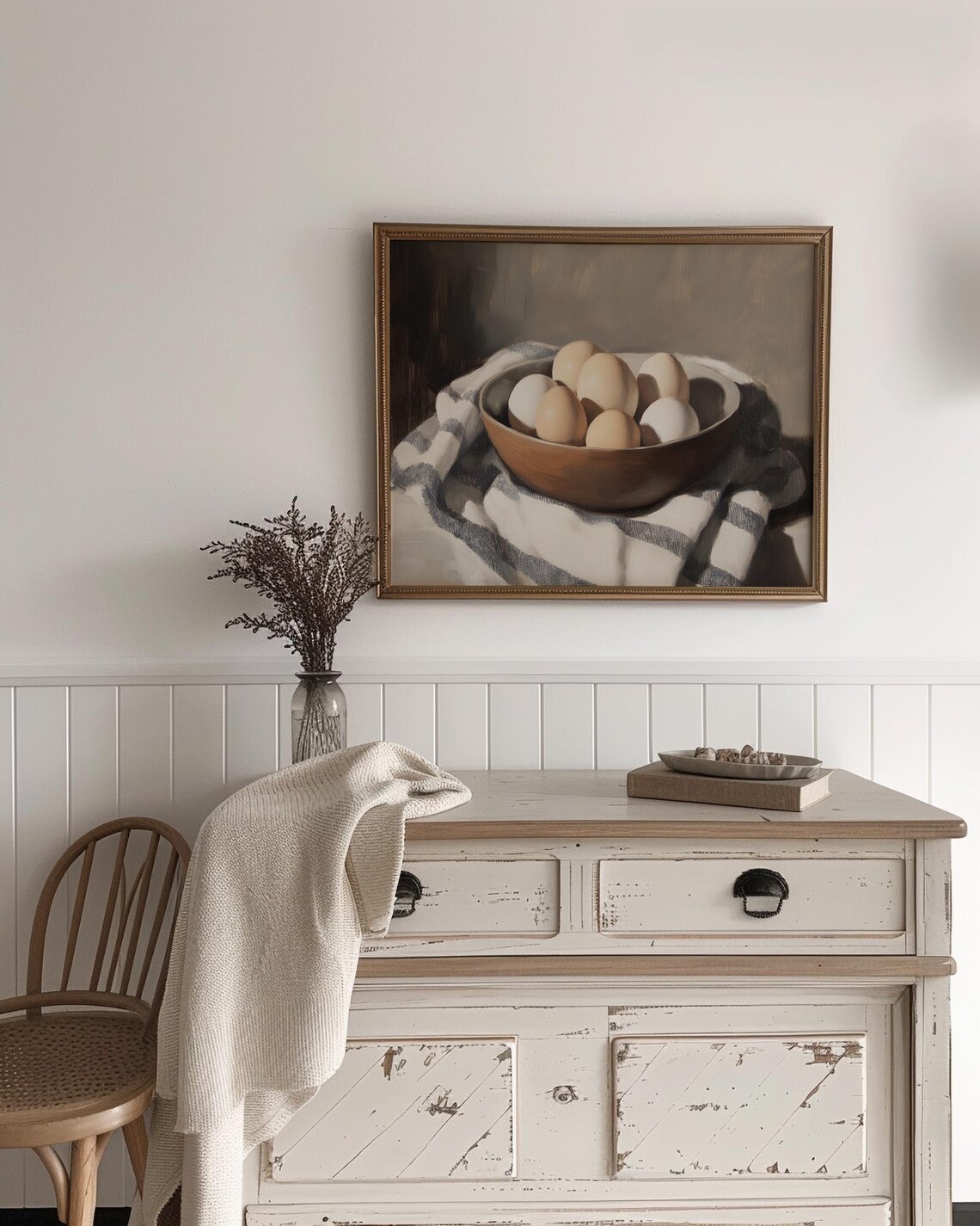 Wooden Bowl Of Farm Eggs On Striped Linen Oil Painting Poster - Image 2