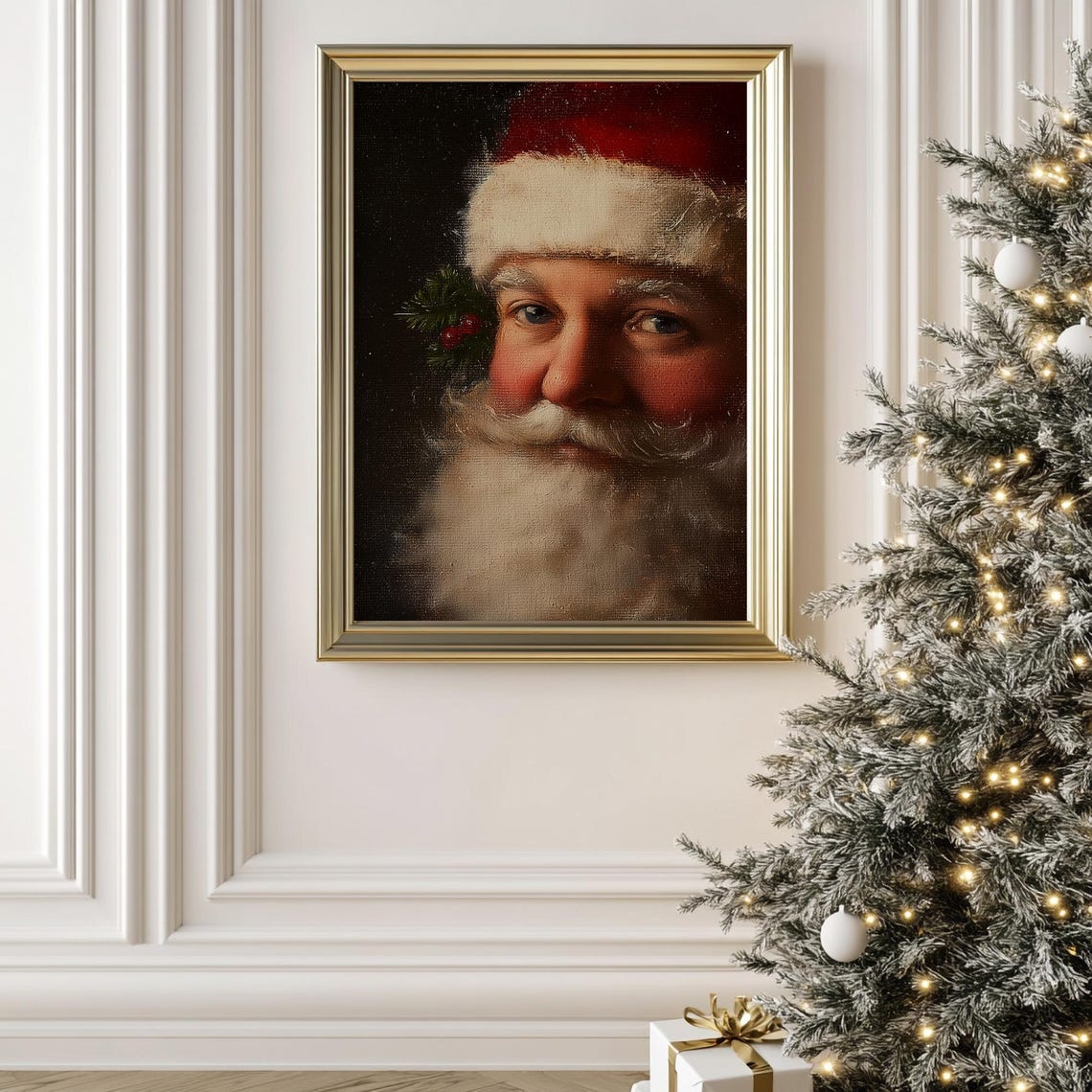 Classic Vintage Santa Claus Portrait Red Hat Holly Holiday Poster - Image 4