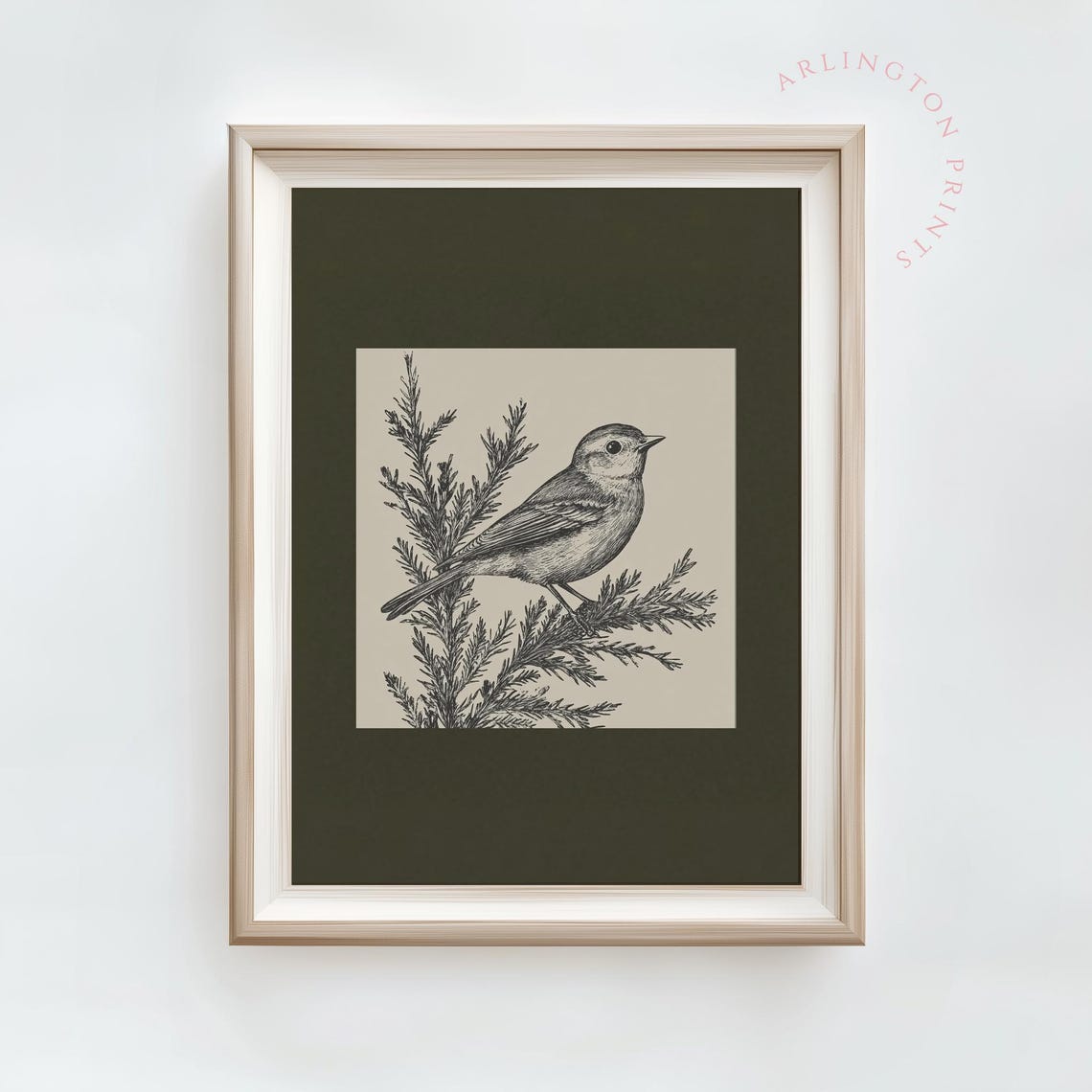Vintage Songbird Engraving On Dark Olive Green Botanical Poster - Image 2