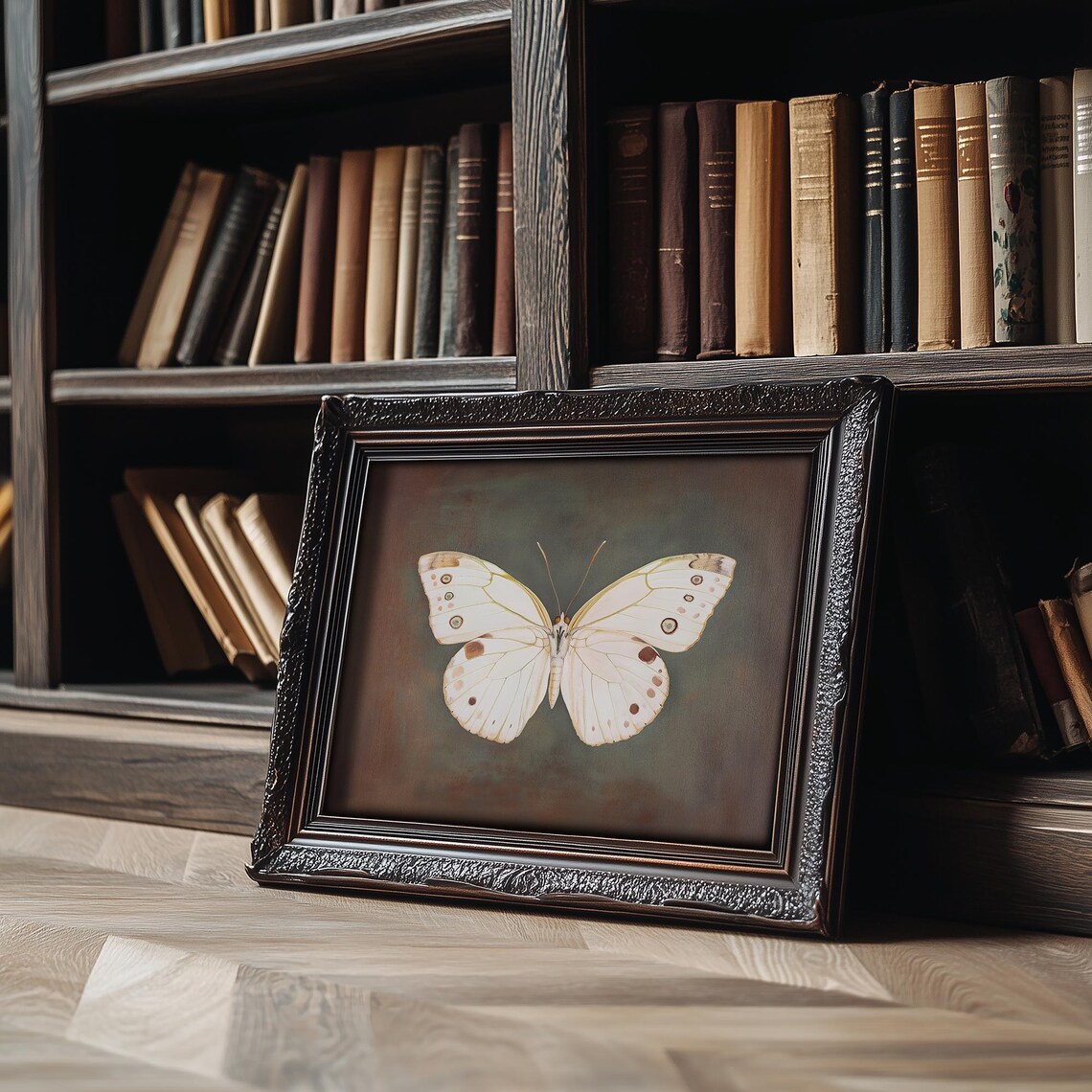 White Butterfly Gold Veined Wings Moody Dark Nature Art Print - Image 2