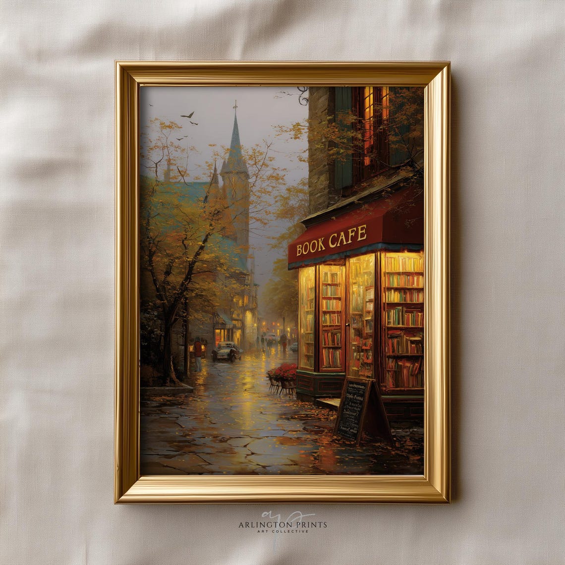 Book Cafe Rainy Autumn Street With Glowing Bookstore Wall Art