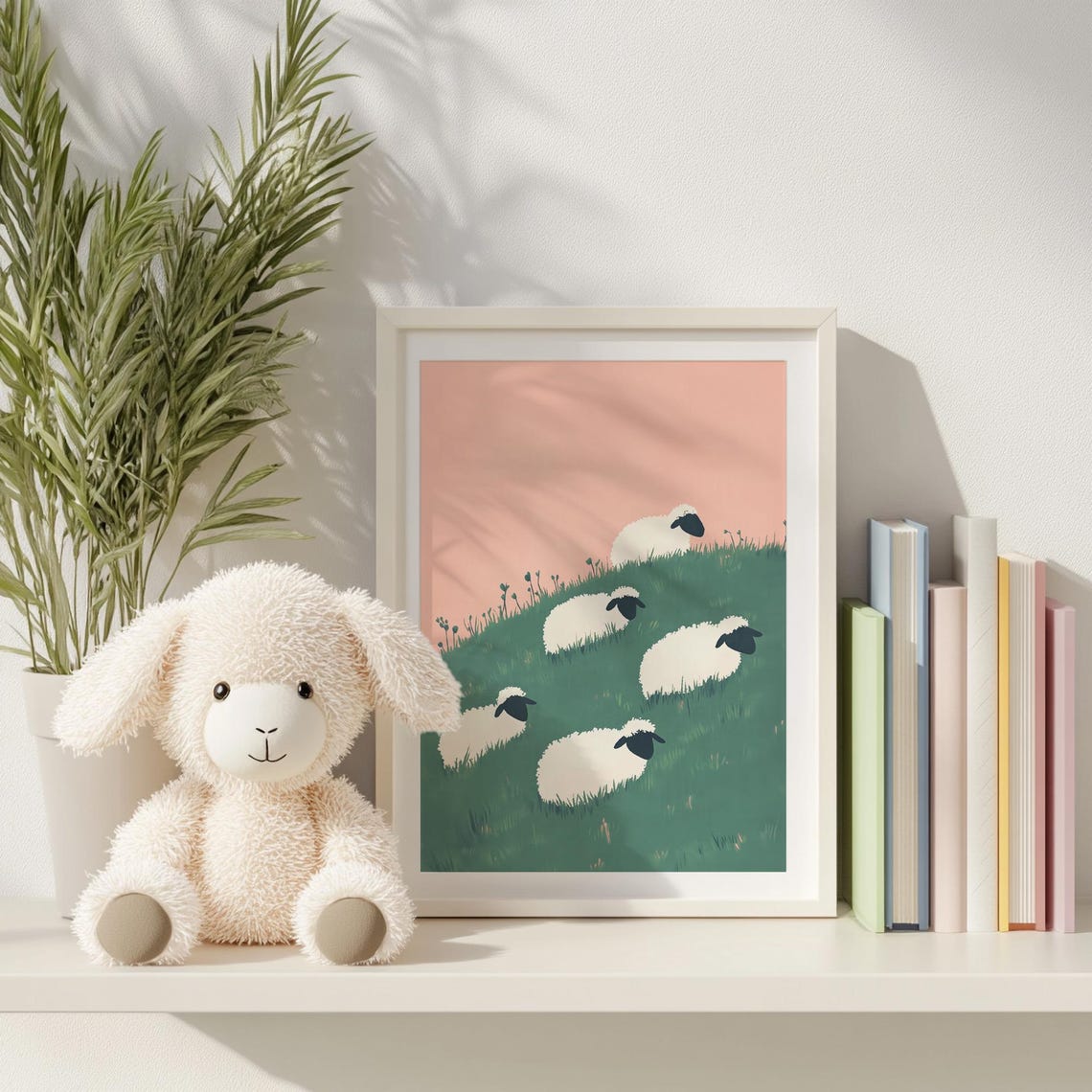 Five Sheep Grazing On Green Hillside Soft Pink Sky Kids Poster - Image 6