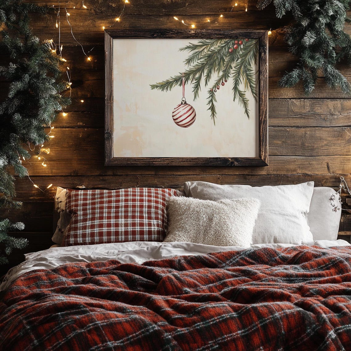 Minimalist Striped Christmas Ornament Evergreen Branch Poster - Image 3