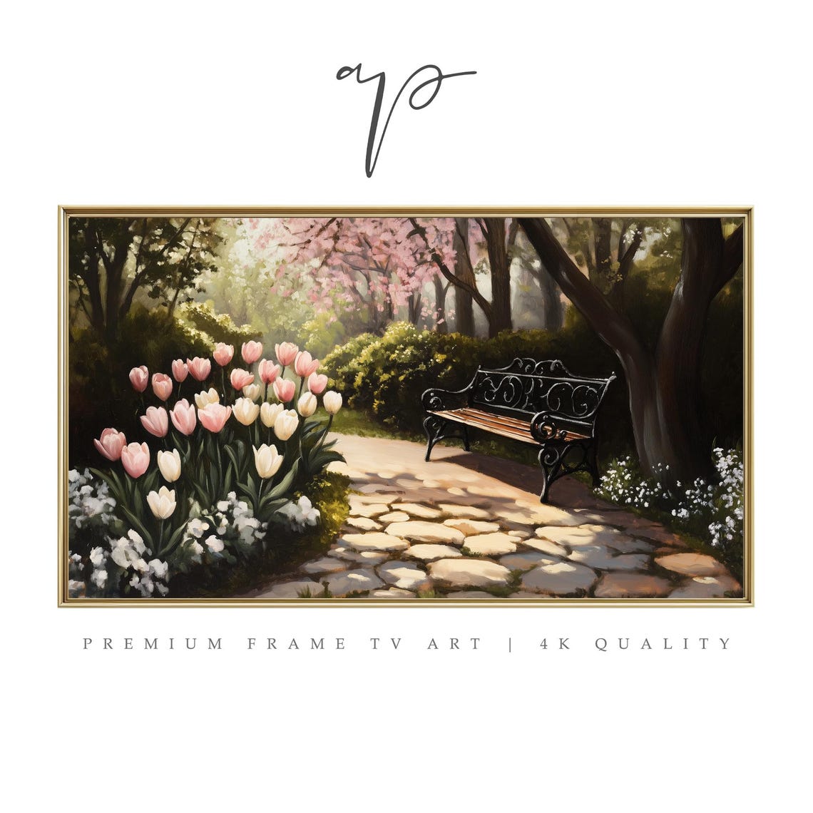 Spring Tulip Garden Path Bench Pastel Frame TV Digital Art Poster